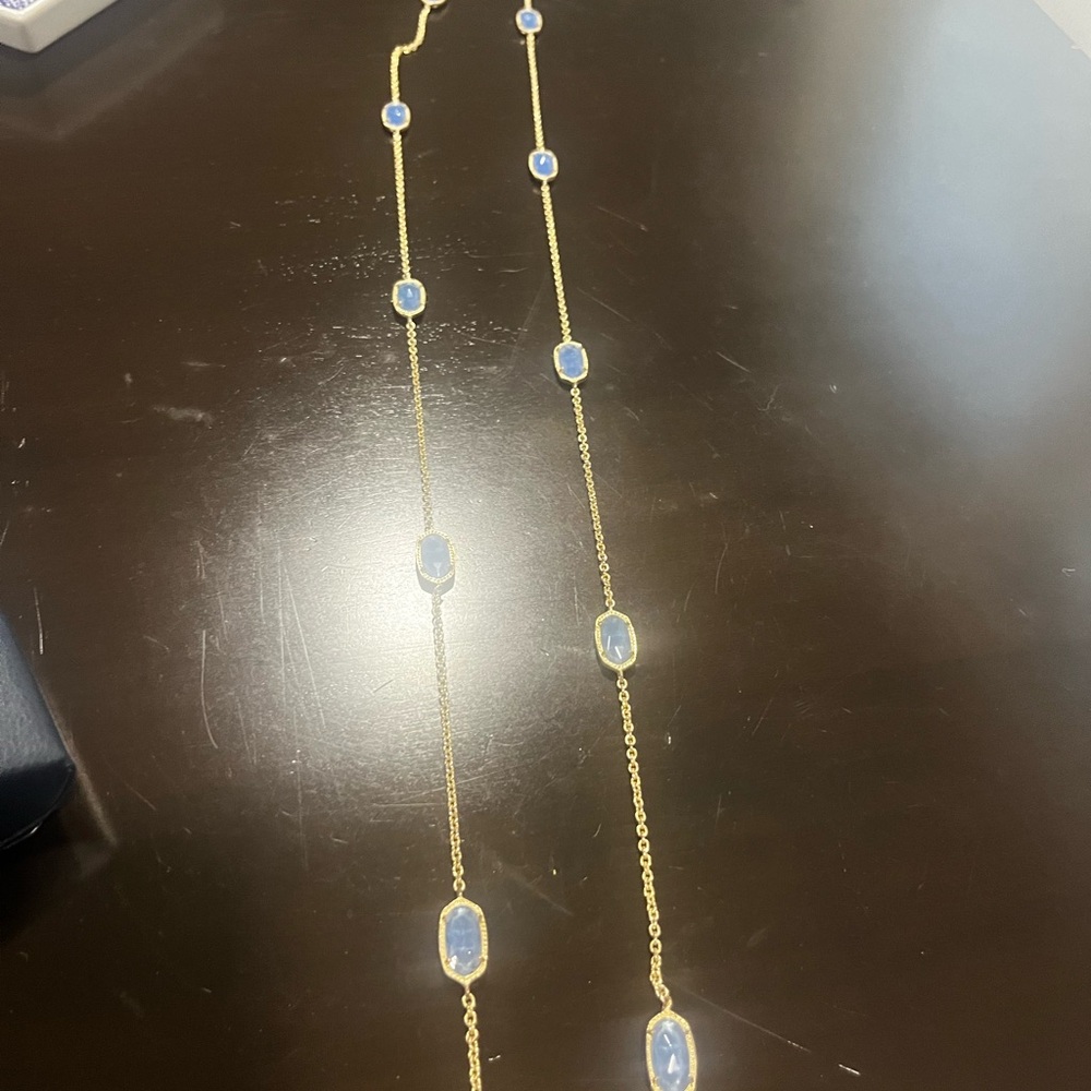 Kendra Scott Kellie long gold necklace with periwinkle stones